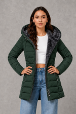 Women’s hooded long winter coat with a warm plush lining, softly tapered silhouette and elegant structured finish for cold-weather styling.