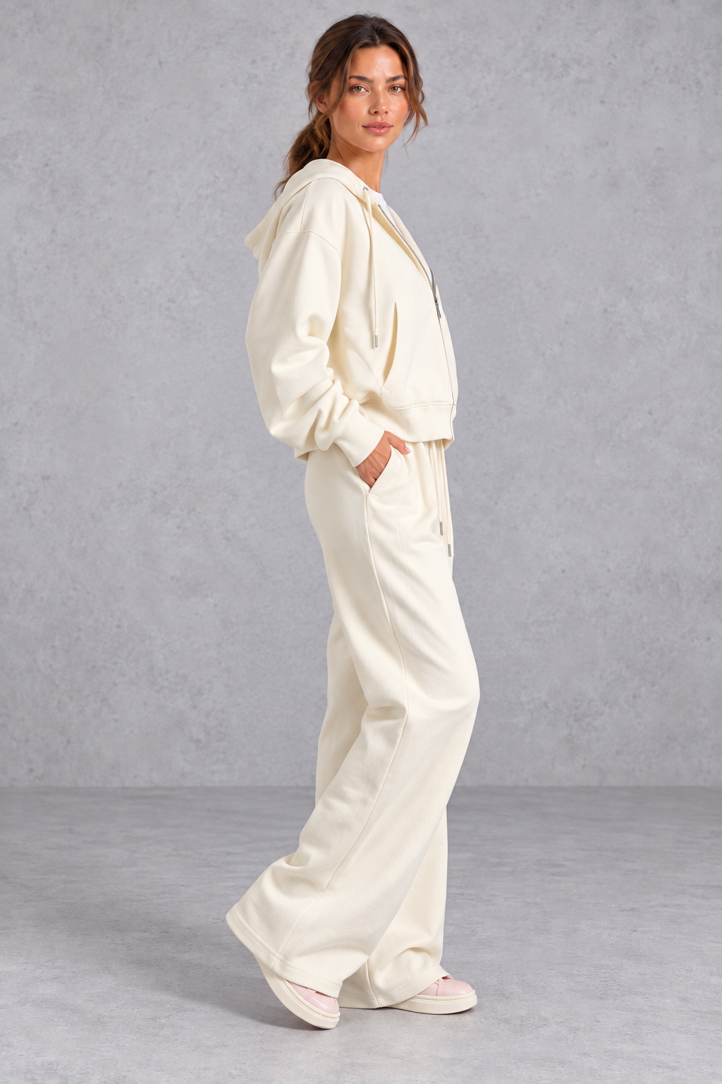 Women's cream zip-up hoodie and wide leg jogger set – side view
