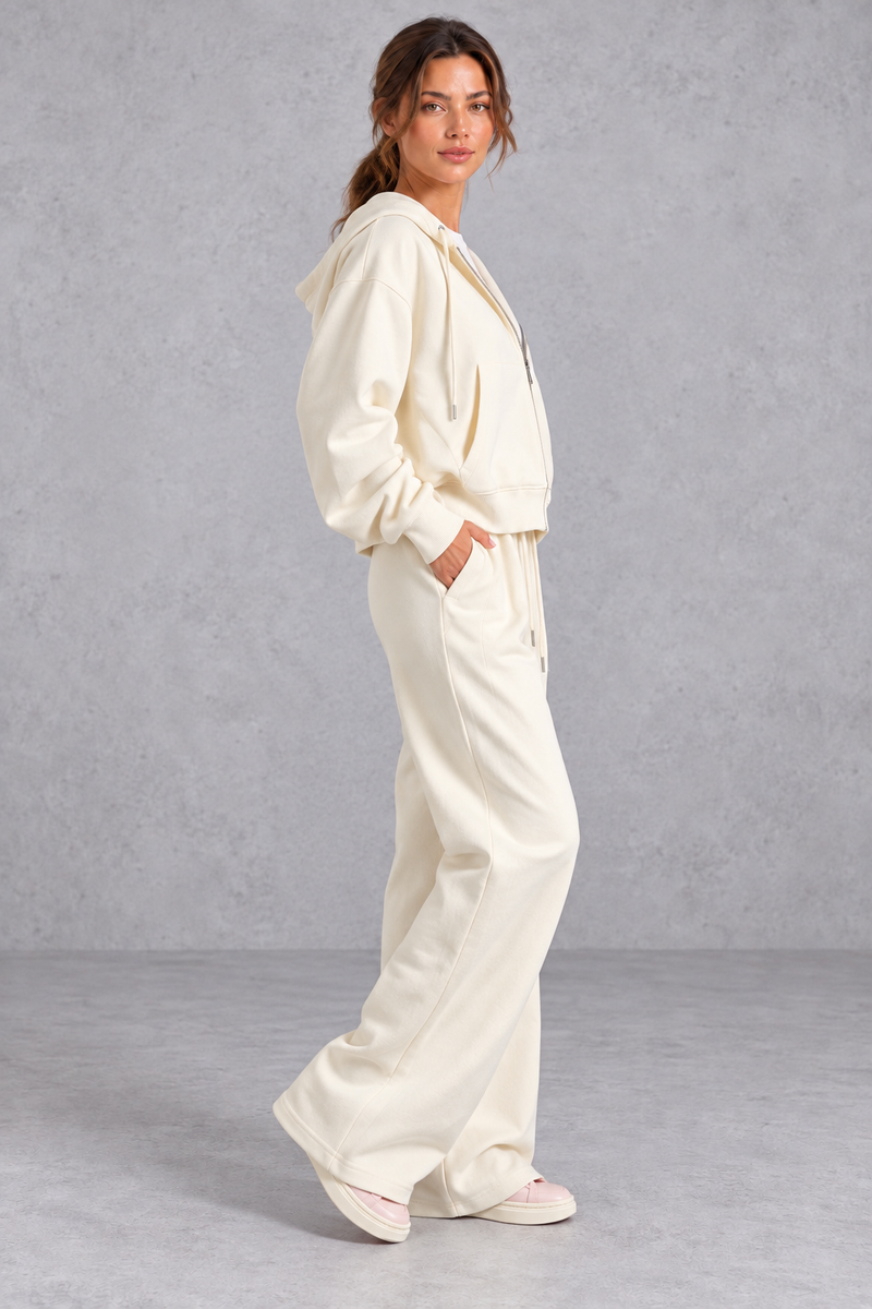 Women's cream zip-up hoodie and wide leg jogger set – side view