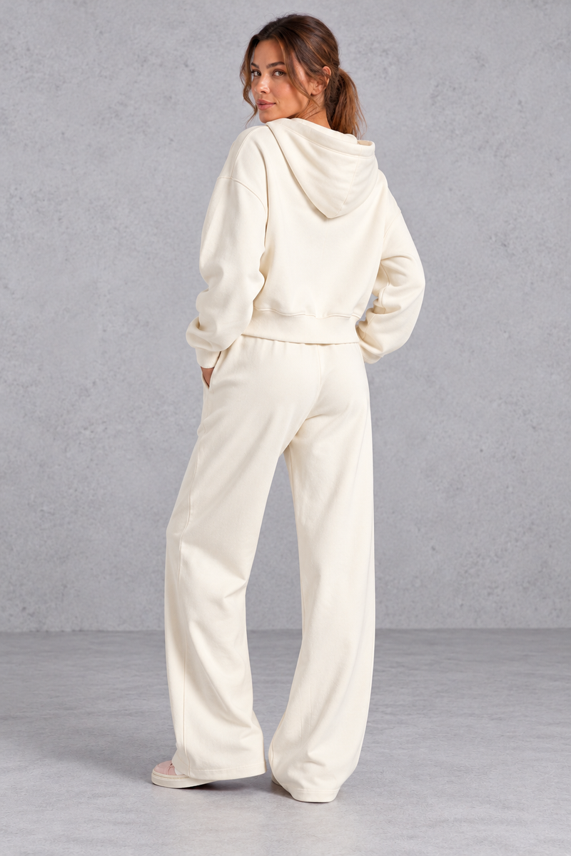 Women's cream zip-up hoodie and wide leg jogger set – back view