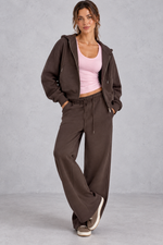 Women's brown zip-up hoodie and wide leg jogger set – front view