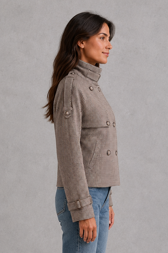 Women’s houndstooth button jacket with high neck and structured woven design.