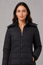 Women’s lightweight insulated hooded coat with padded design, full zip fastening and streamlined fit for autumn and winter.