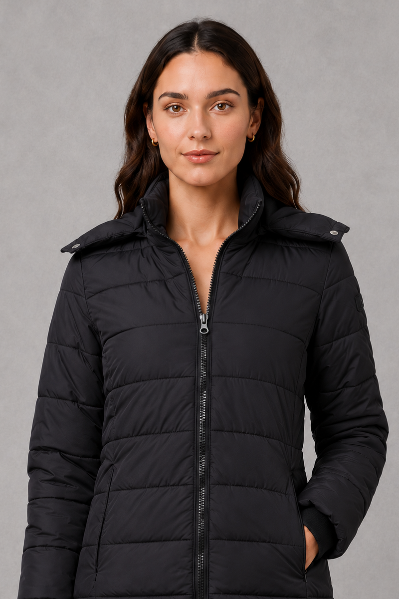 Women’s lightweight insulated hooded coat with padded design, full zip fastening and streamlined fit for autumn and winter.
