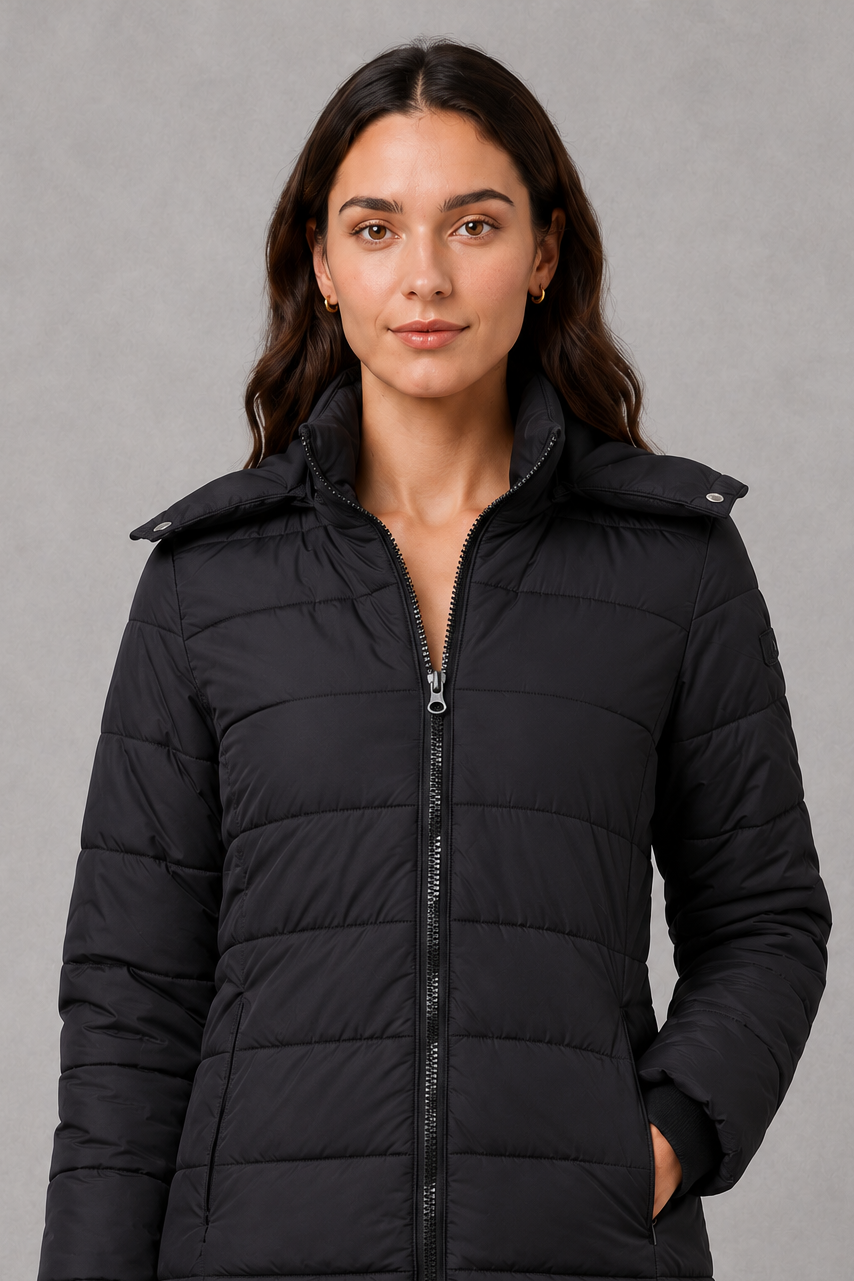 Women’s lightweight insulated hooded coat with padded design, full zip fastening and streamlined fit for autumn and winter.