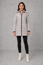 Women’s lightweight insulated hooded coat with padded design, full zip fastening and streamlined fit for autumn and winter.