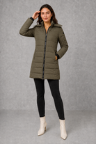 Women’s lightweight insulated hooded coat with padded design, full zip fastening and streamlined fit for autumn and winter.