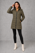 Women’s lightweight insulated hooded coat with padded design, full zip fastening and streamlined fit for autumn and winter.