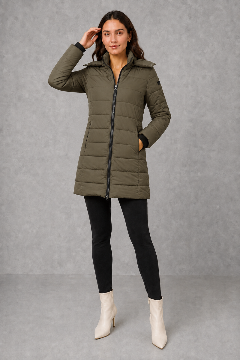 Women’s lightweight insulated hooded coat with padded design, full zip fastening and streamlined fit for autumn and winter.