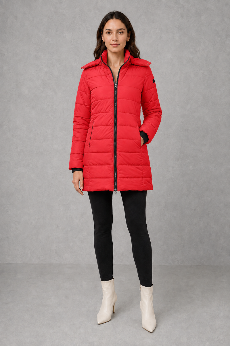 Women’s lightweight insulated hooded coat with padded design, full zip fastening and streamlined fit for autumn and winter.