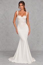 Women’s ivory lace bridal corset with lightly padded underwired cups, adjustable straps, internal boning and a romantic lace-up back.