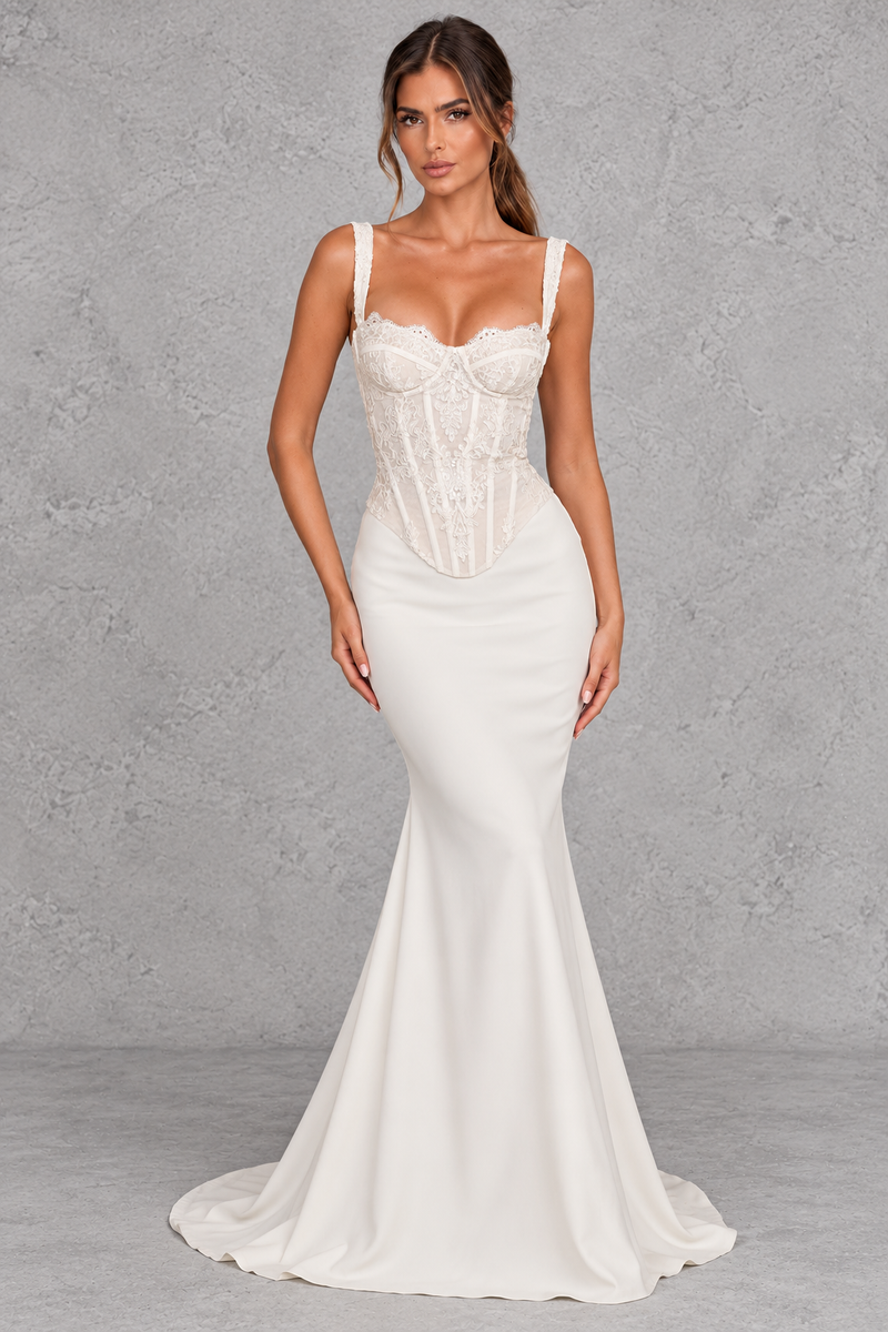 Women’s ivory lace bridal corset with lightly padded underwired cups, adjustable straps, internal boning and a romantic lace-up back.