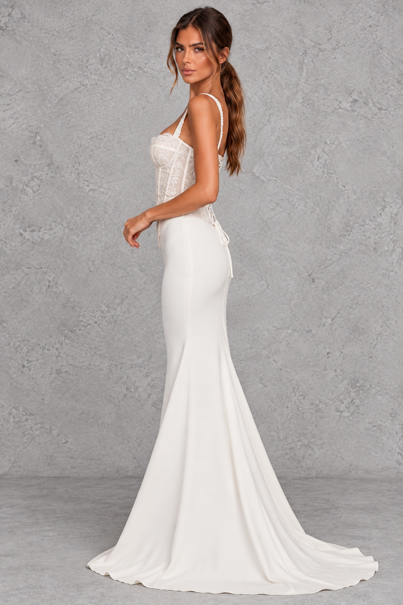 Women’s ivory lace bridal corset with lightly padded underwired cups, adjustable straps, internal boning and a romantic lace-up back.
