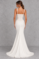 Women’s ivory lace bridal corset with lightly padded underwired cups, adjustable straps, internal boning and a romantic lace-up back.