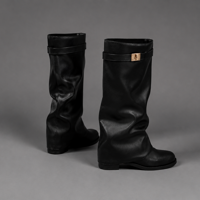 Women’s knee-high slouch boots with pointed toe, low block heel and metal cuff detail.