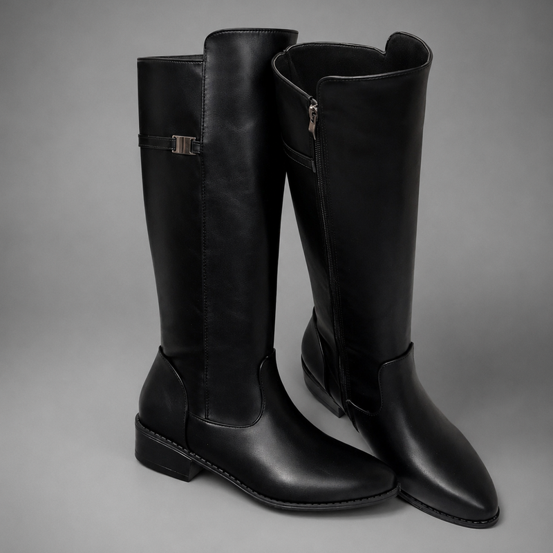 Women’s knee-high slouch boots with pointed toe, low block heel and metal cuff detail.