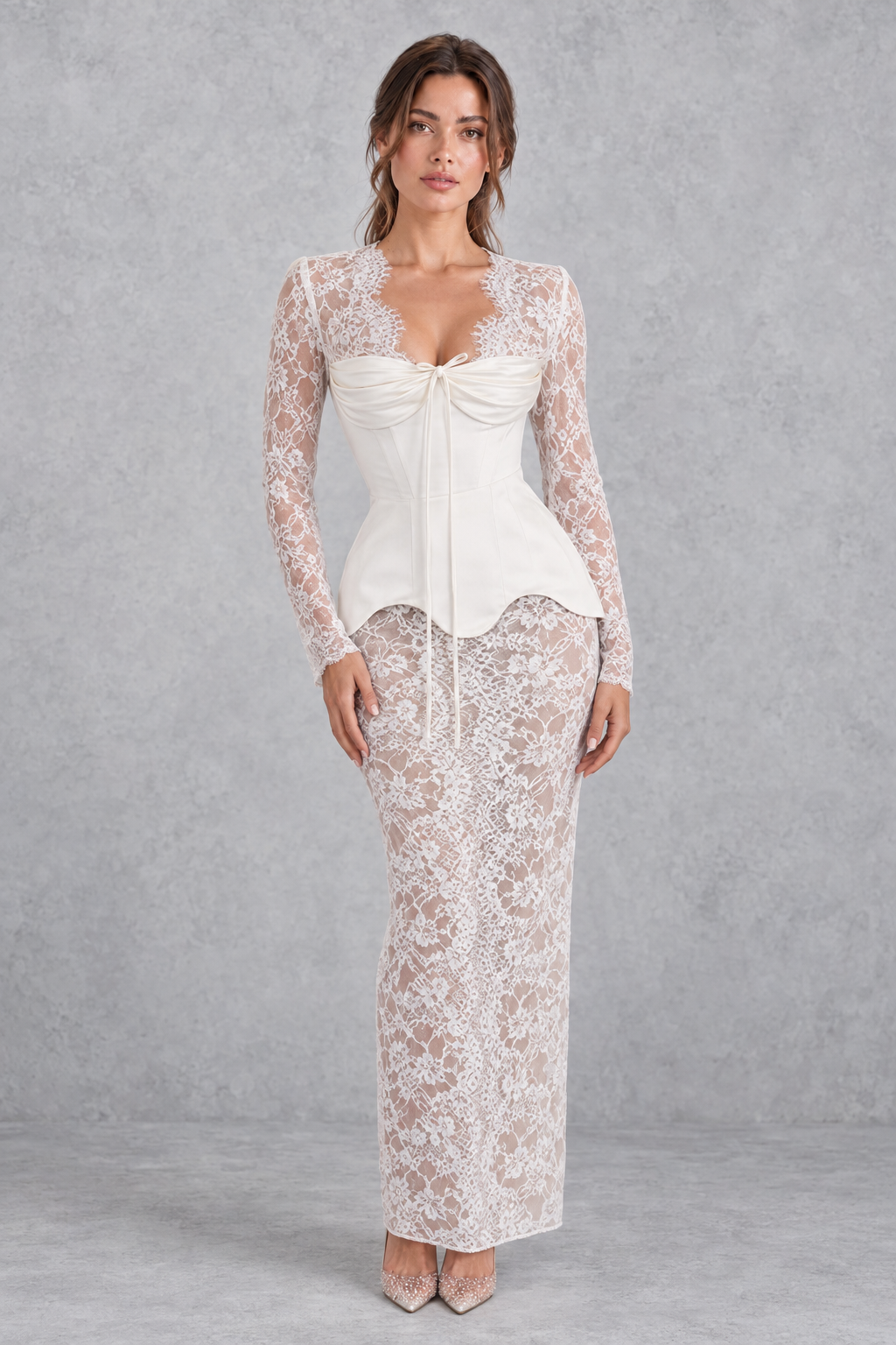 Women’s lace patchwork mini dress with a V-neckline, long sleeves, defined waist and slim bodycon silhouette.