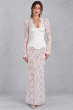 Women’s lace patchwork mini dress with a V-neckline, long sleeves, defined waist and slim bodycon silhouette.