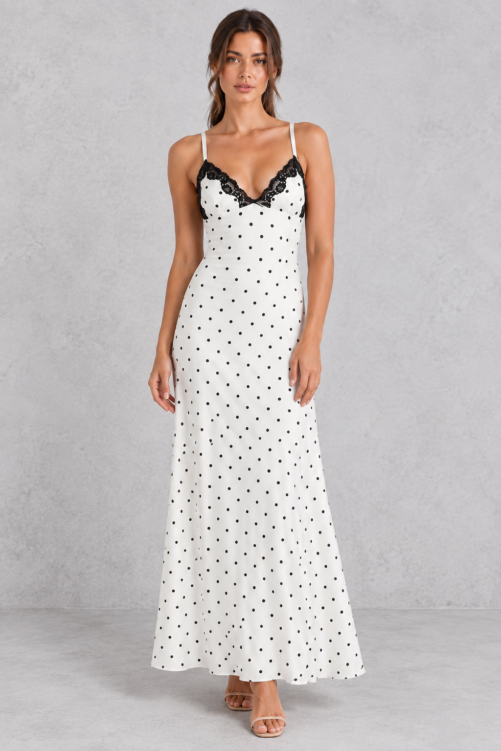 Women’s lace V-neck maxi dress with contrast lace patchwork, slim spaghetti straps, a high-waisted silhouette and statement open back.