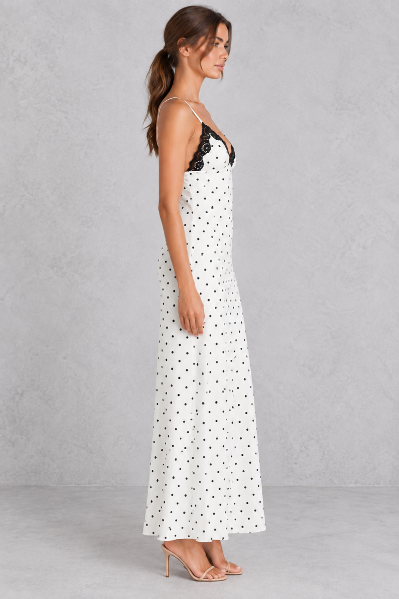 Women’s lace V-neck maxi dress with contrast lace patchwork, slim spaghetti straps, a high-waisted silhouette and statement open back.
