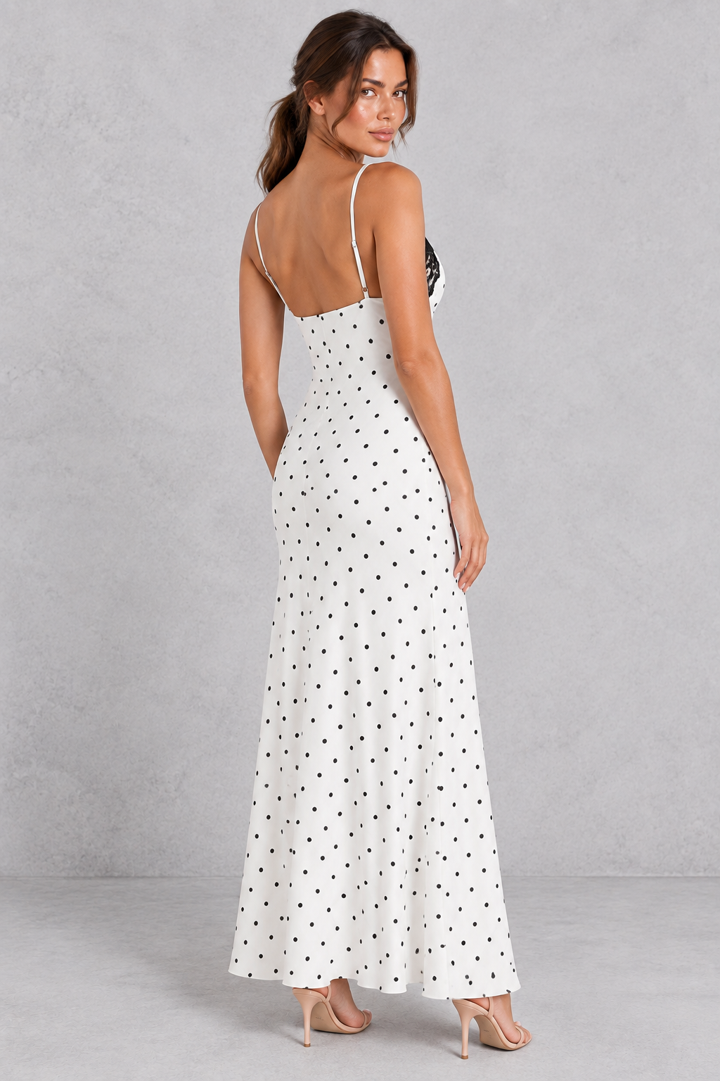 Women’s lace V-neck maxi dress with contrast lace patchwork, slim spaghetti straps, a high-waisted silhouette and statement open back.