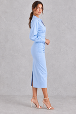 Women’s lapel pleated maxi dress with long sleeves, a tailored-inspired neckline and elegant flowing silhouette.