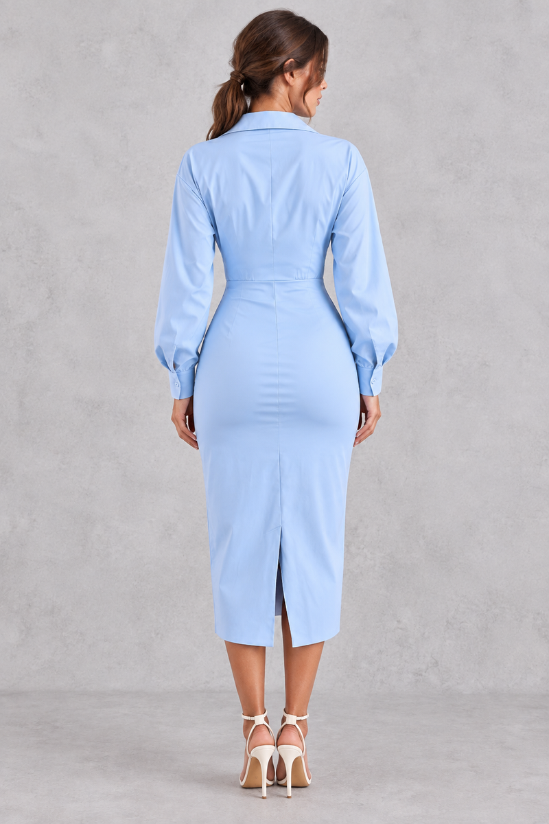 Women’s lapel pleated maxi dress with long sleeves, a tailored-inspired neckline and elegant flowing silhouette.