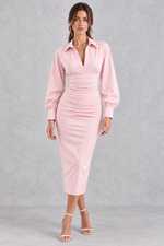 Women’s lapel pleated maxi dress with long sleeves, a tailored-inspired neckline and elegant flowing silhouette.