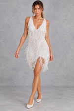 Women's Sparkly Fringe Mini Dress – White – front view