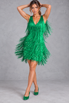 Women's Sparkly Fringe Mini Dress – Green – front view