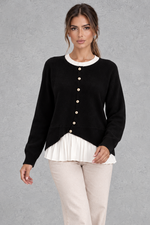 Women’s layered knit cardigan with a crew neckline, gold-tone button front, long sleeves and contrasting white pleated shirt-style hem.
