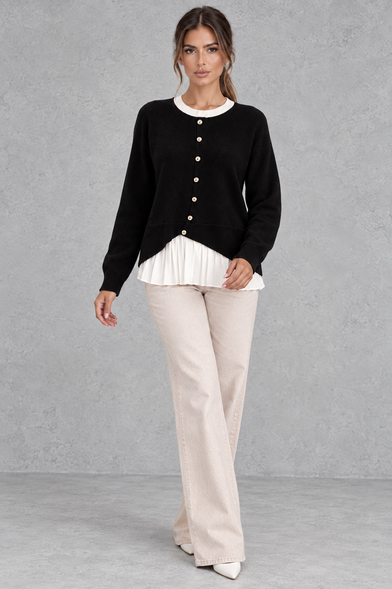 Women’s layered knit cardigan with a crew neckline, gold-tone button front, long sleeves and contrasting white pleated shirt-style hem.