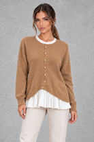 Women’s layered knit cardigan with a crew neckline, gold-tone button front, long sleeves and contrasting white pleated shirt-style hem.