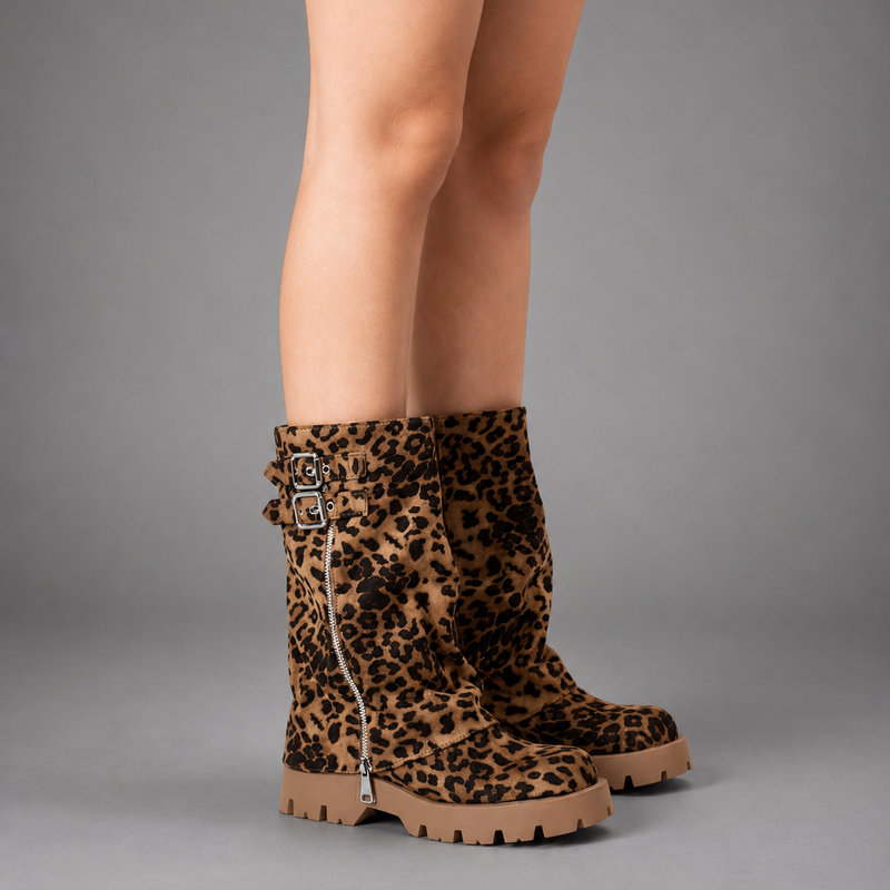 Women’s brown leather knee-high boots with double buckle details, long external zip and chunky sturdy sole.