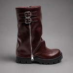 Women’s brown leather knee-high boots with double buckle details, long external zip and chunky sturdy sole.