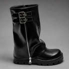 Women’s brown leather knee-high boots with double buckle details, long external zip and chunky sturdy sole.