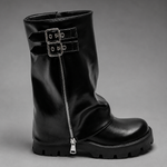 Women’s brown leather knee-high boots with double buckle details, long external zip and chunky sturdy sole.