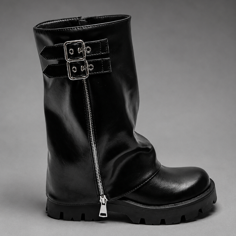 Women’s brown leather knee-high boots with double buckle details, long external zip and chunky sturdy sole.