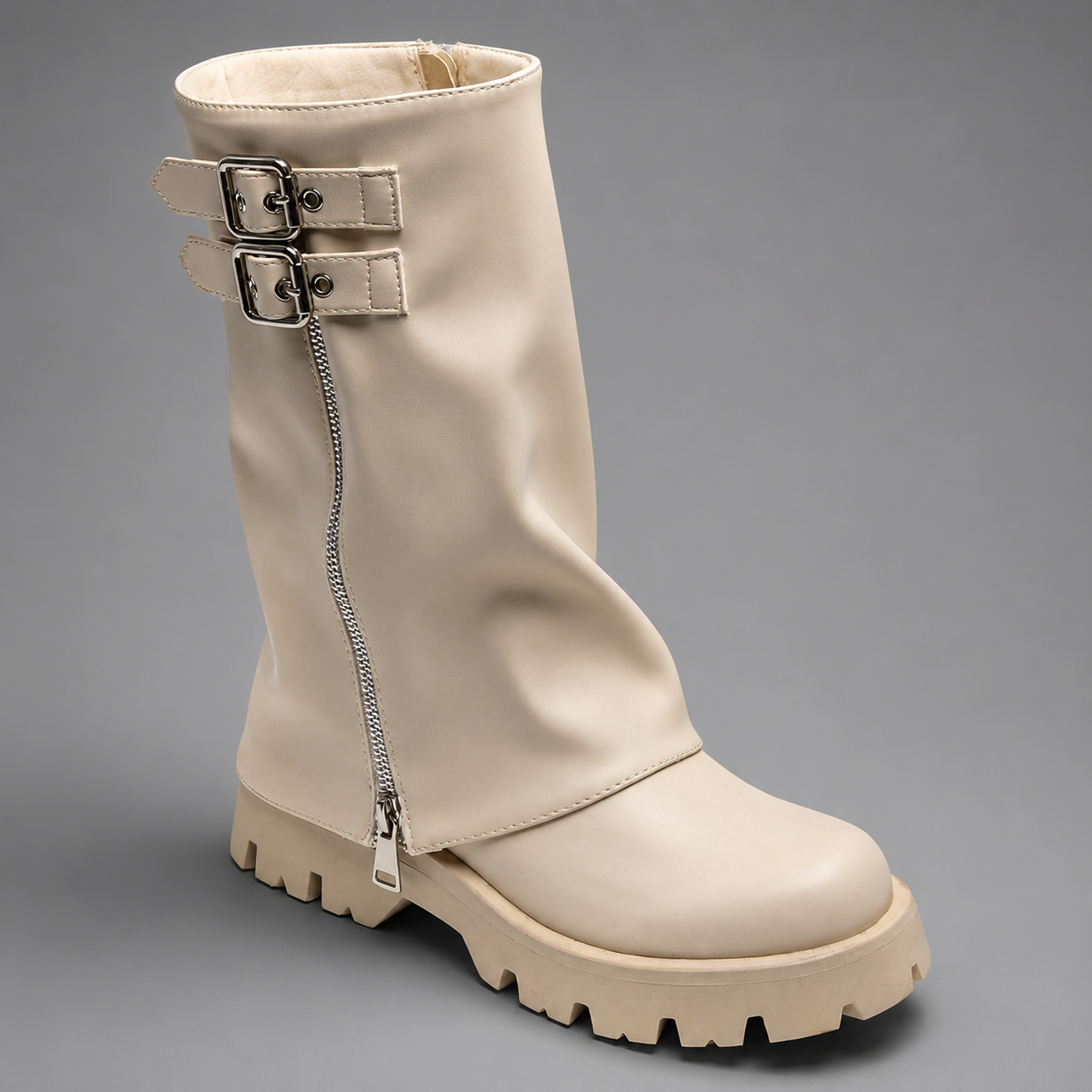 Women’s brown leather knee-high boots with double buckle details, long external zip and chunky sturdy sole.