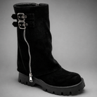 Women’s brown leather knee-high boots with double buckle details, long external zip and chunky sturdy sole.