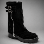 Women’s brown leather knee-high boots with double buckle details, long external zip and chunky sturdy sole.