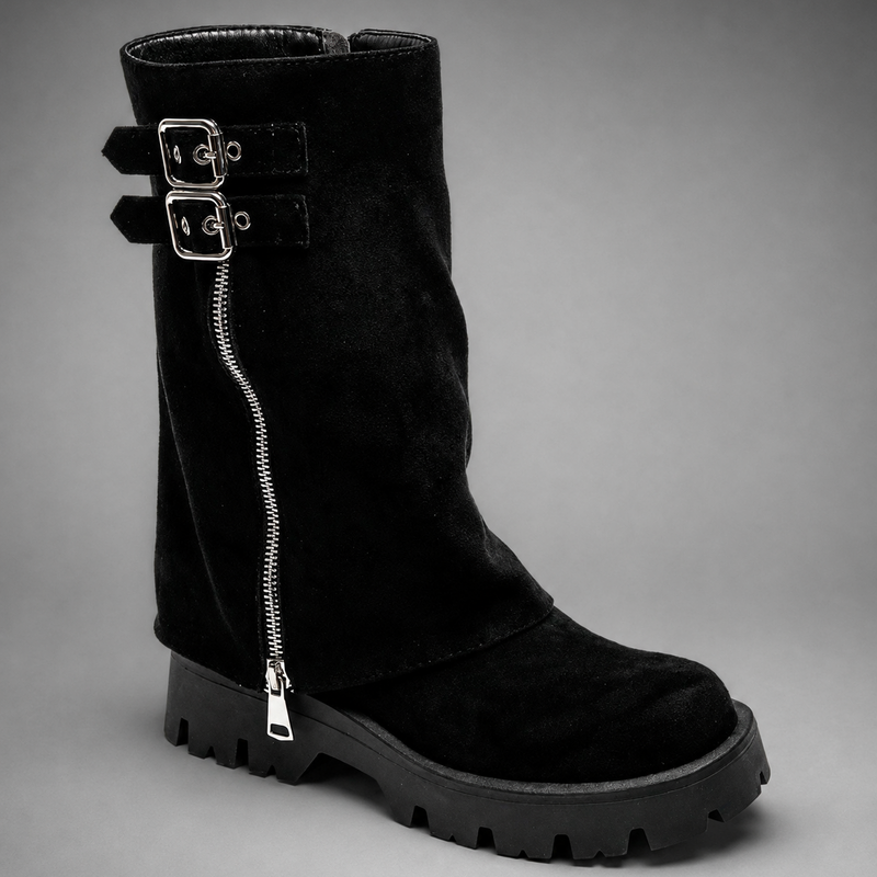 Women’s brown leather knee-high boots with double buckle details, long external zip and chunky sturdy sole.