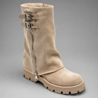Women’s brown leather knee-high boots with double buckle details, long external zip and chunky sturdy sole.