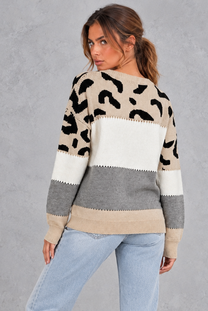 Women’s leopard print knit jumper with neutral colour-block panels, a wide crew neckline, dropped shoulders and relaxed silhouette.