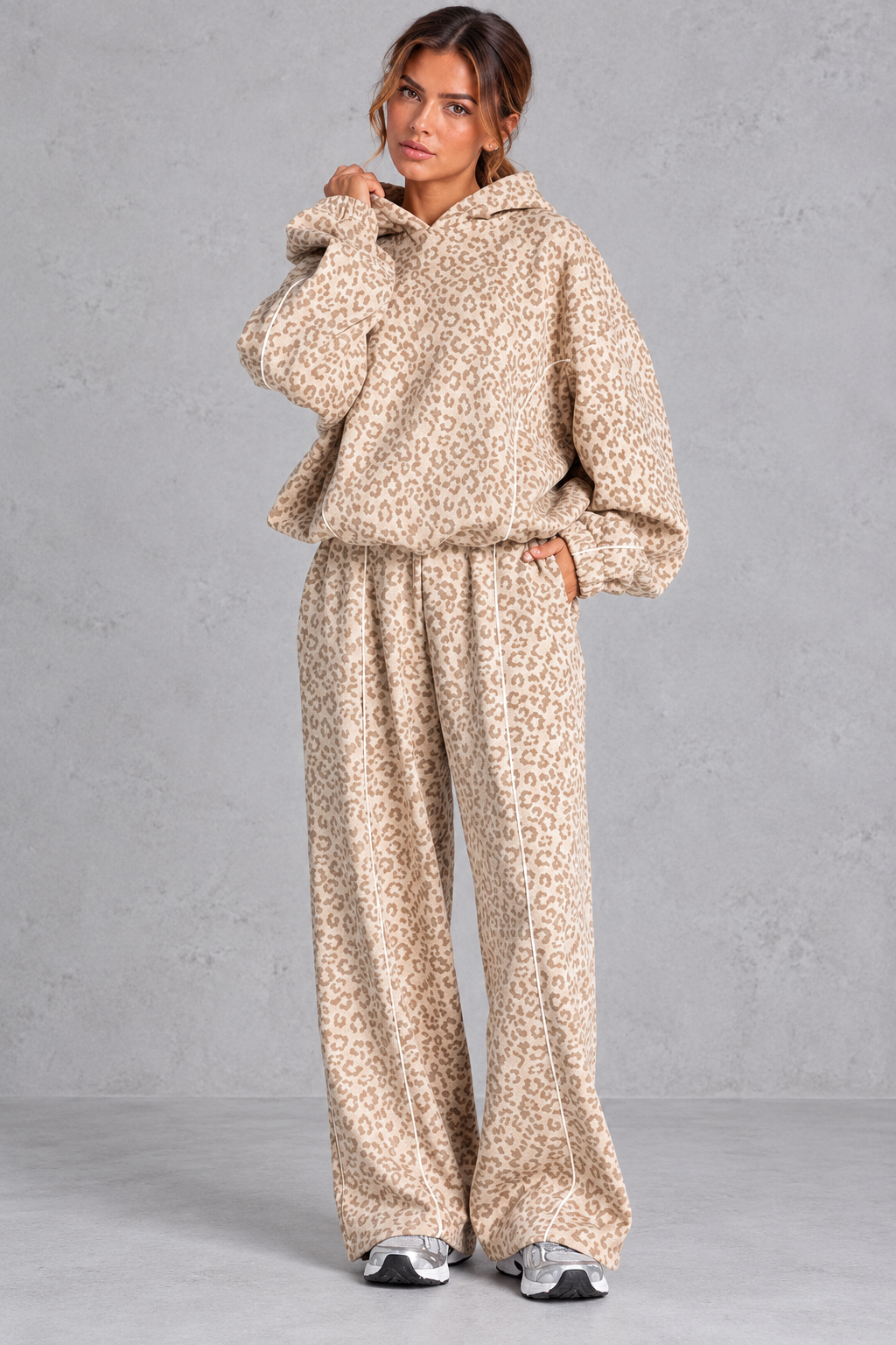 Women's cream leopard print hoodie and wide leg jogger set – front view