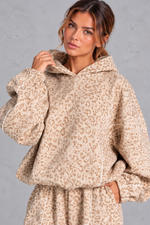 Women's cream leopard print hoodie – close-up of hood, print and contrast piping