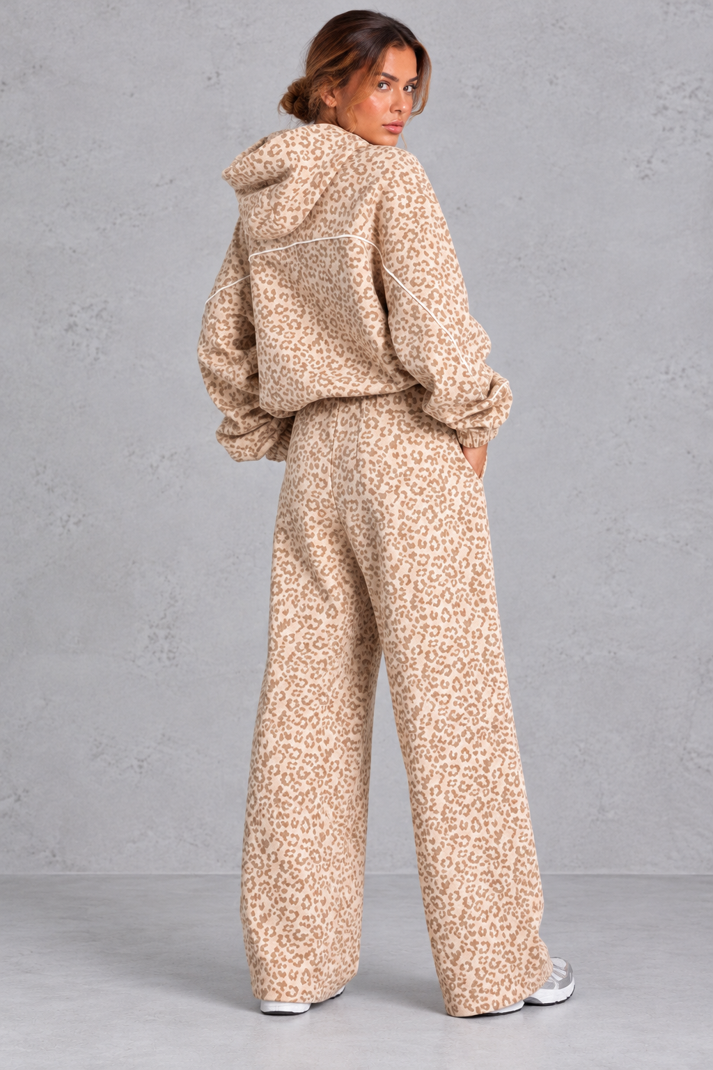 Women's cream leopard print hoodie and wide leg jogger set – back view of wide leg joggers
