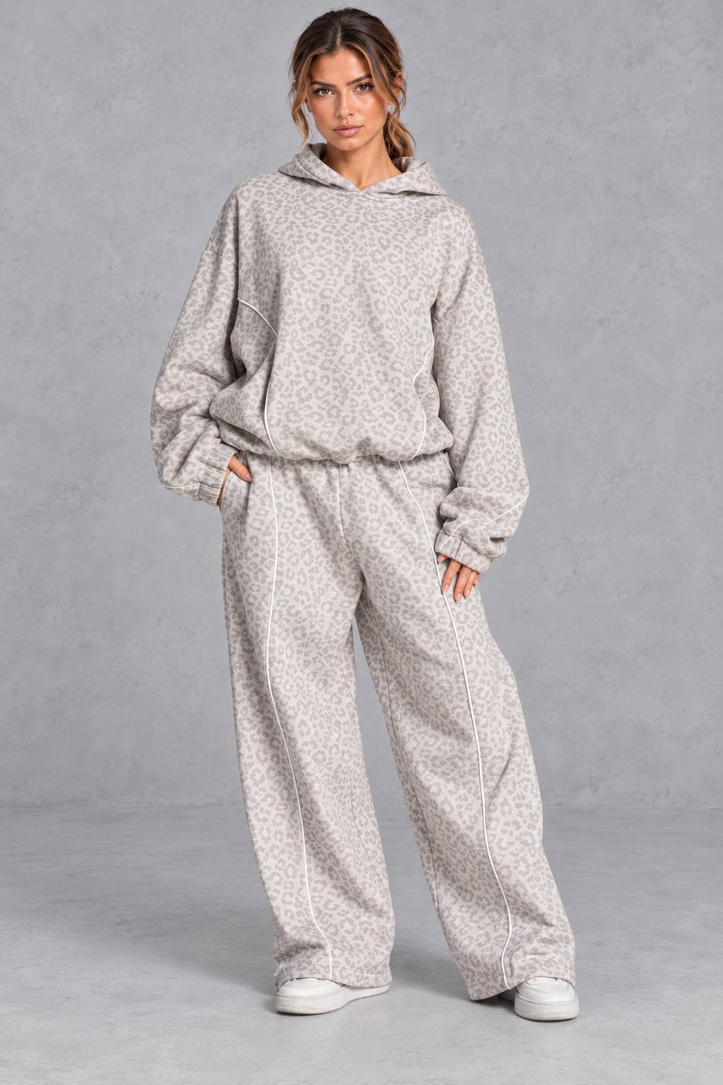 Women's light grey leopard print hoodie and wide leg jogger set – front view