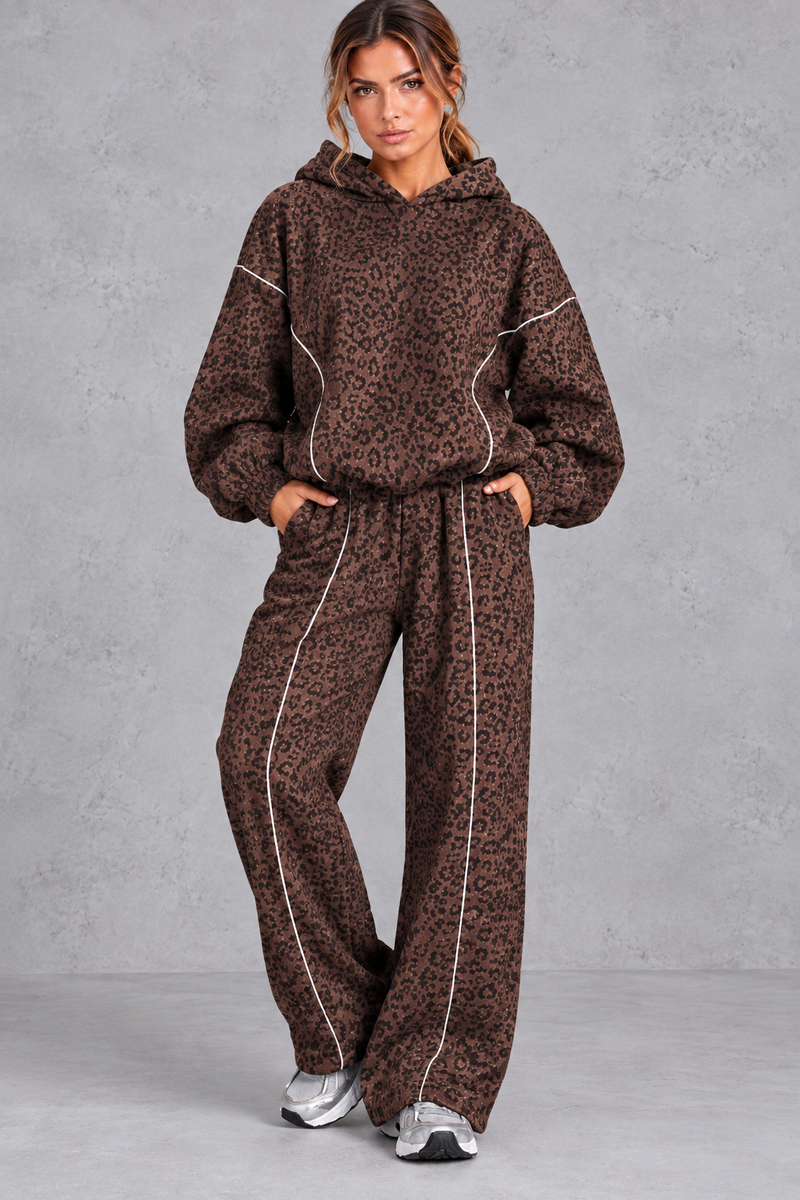Women's coffee leopard print hoodie and wide leg jogger set – front view