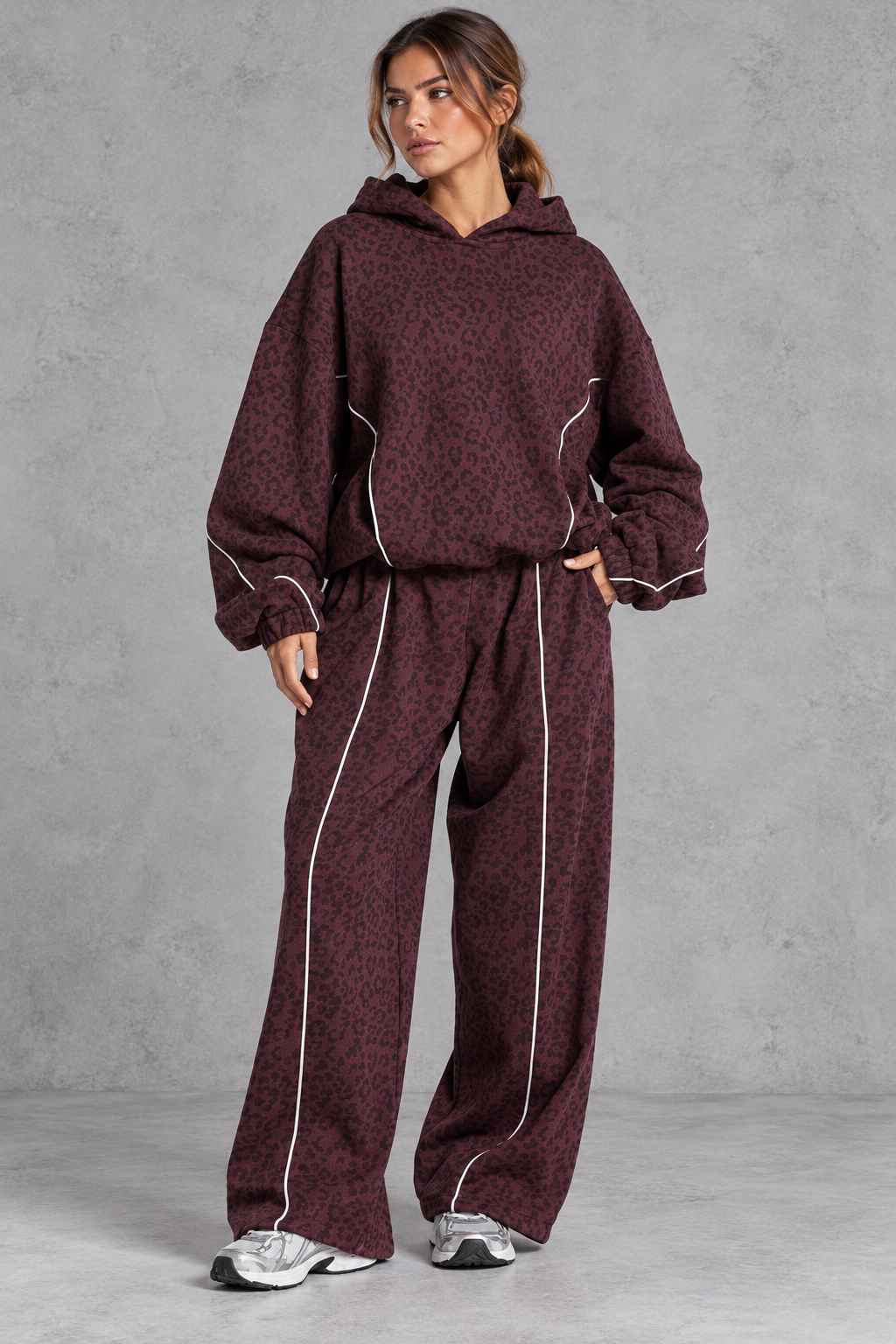 Women's burgundy leopard print hoodie and wide leg jogger set – front view